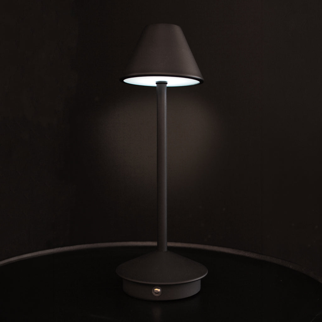 Matt black rechargeable portable table lamp with tapering shade and base