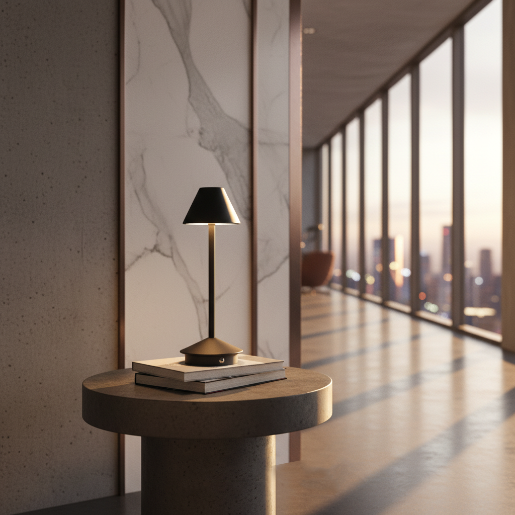 Black rechargeable lamp in penthouse