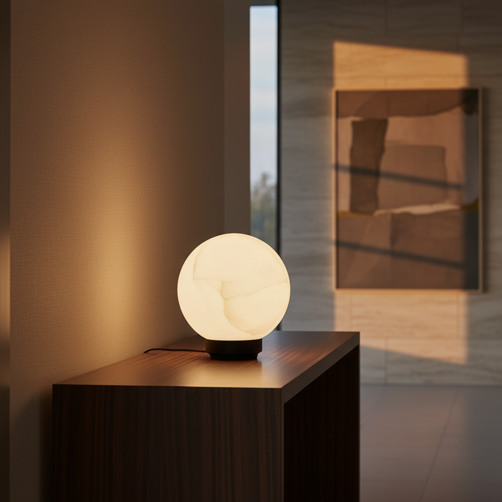 A glowing spherical table lamp with a textured white globe shade and black base, placed on a dark wood console in a modern interior setting.