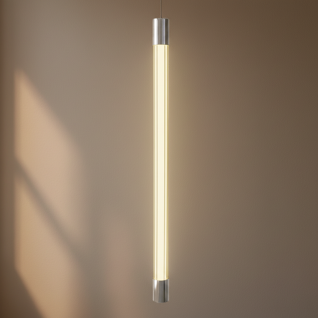 A tall narrow pendant light with silver nickel accents and a glowing white central rod, in front of a warm background
