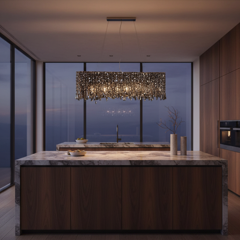 A modern kitchen interior with a large rectangular chandelier made of hanging crystal glowing above a marble-topped island. The room has wood cabinetry, large floor-to-ceiling windows, and a twilight sky visible outside.