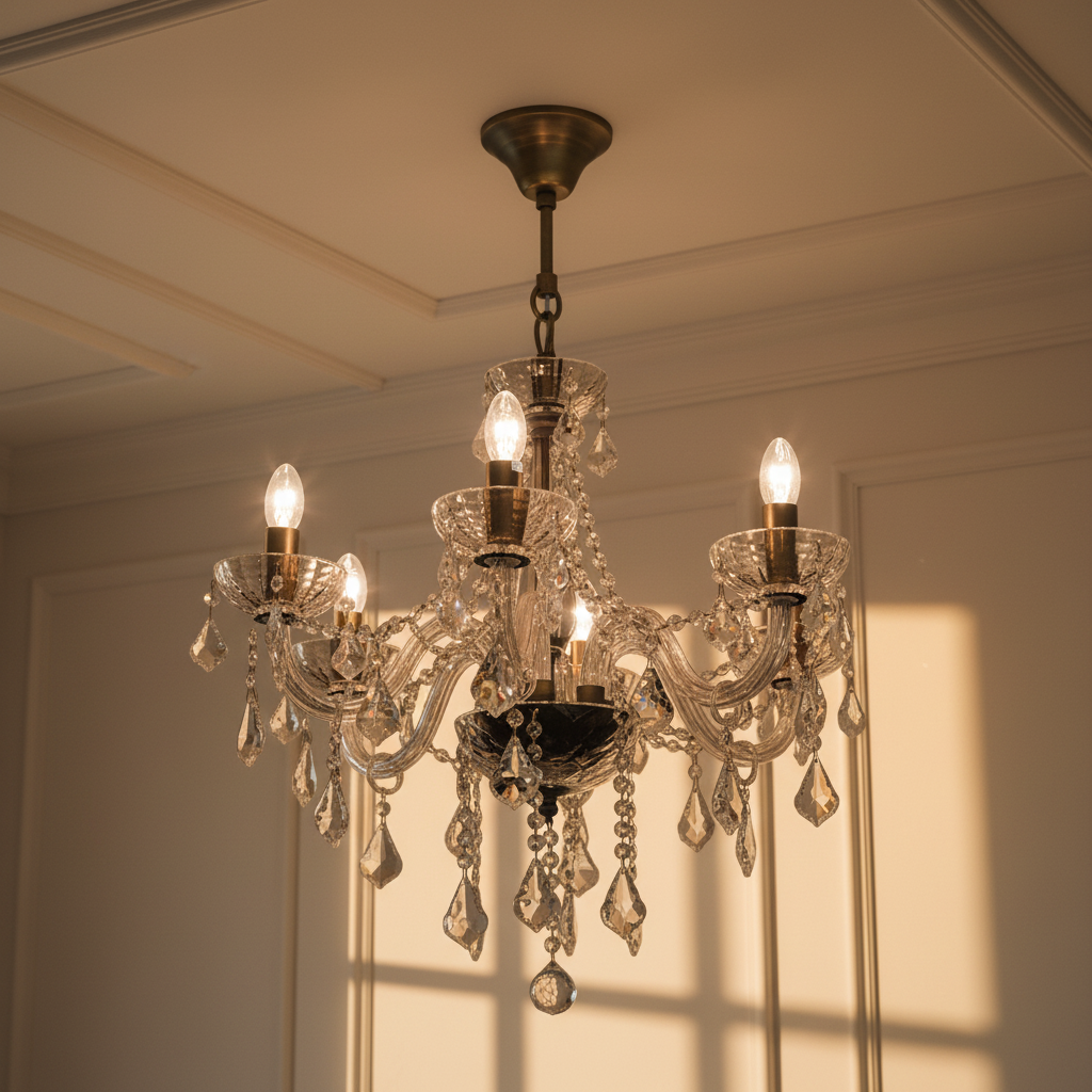 Crystal chandelier with multiple lights in a room with white walls.