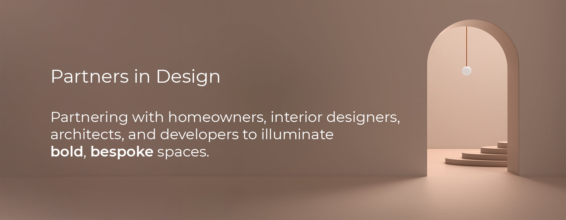 Beige interior with archway and text about design partners, Murano Plus, Feature lighting design