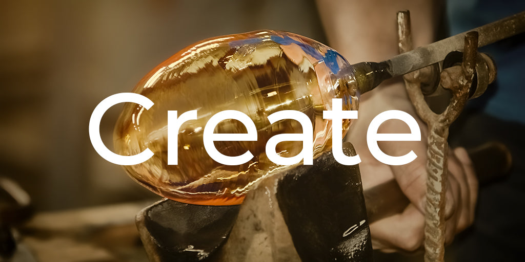 Glassblowing process with molten glass and tools, featuring the word 'Create'.