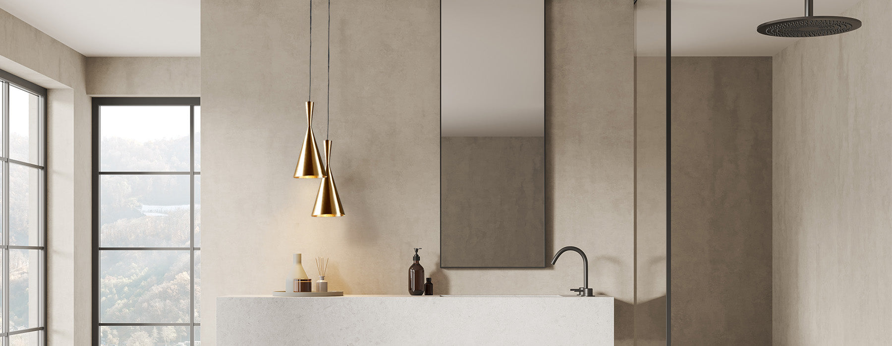 Modern bathroom interior with a sink, mirror, and decorative elements, Caviar pendants, Murano Plus, pendant lights