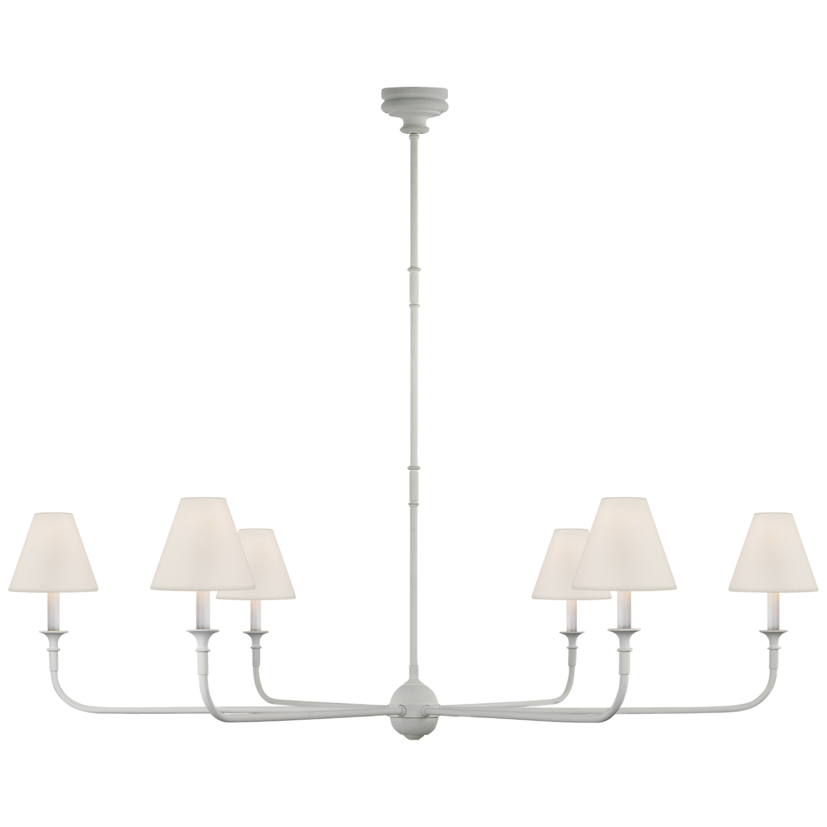 Piaf Grande Chandelier in Aged Iron and Ebonized Oak with Linen Shades