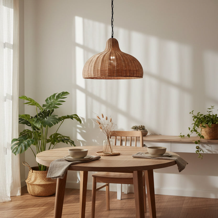 Wicker pendant light hanging against a plain wall with a plant in the corner.