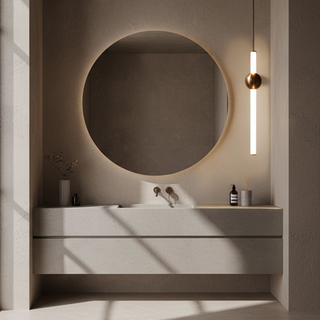 Modern bathroom vanity with round mirror and pendant light