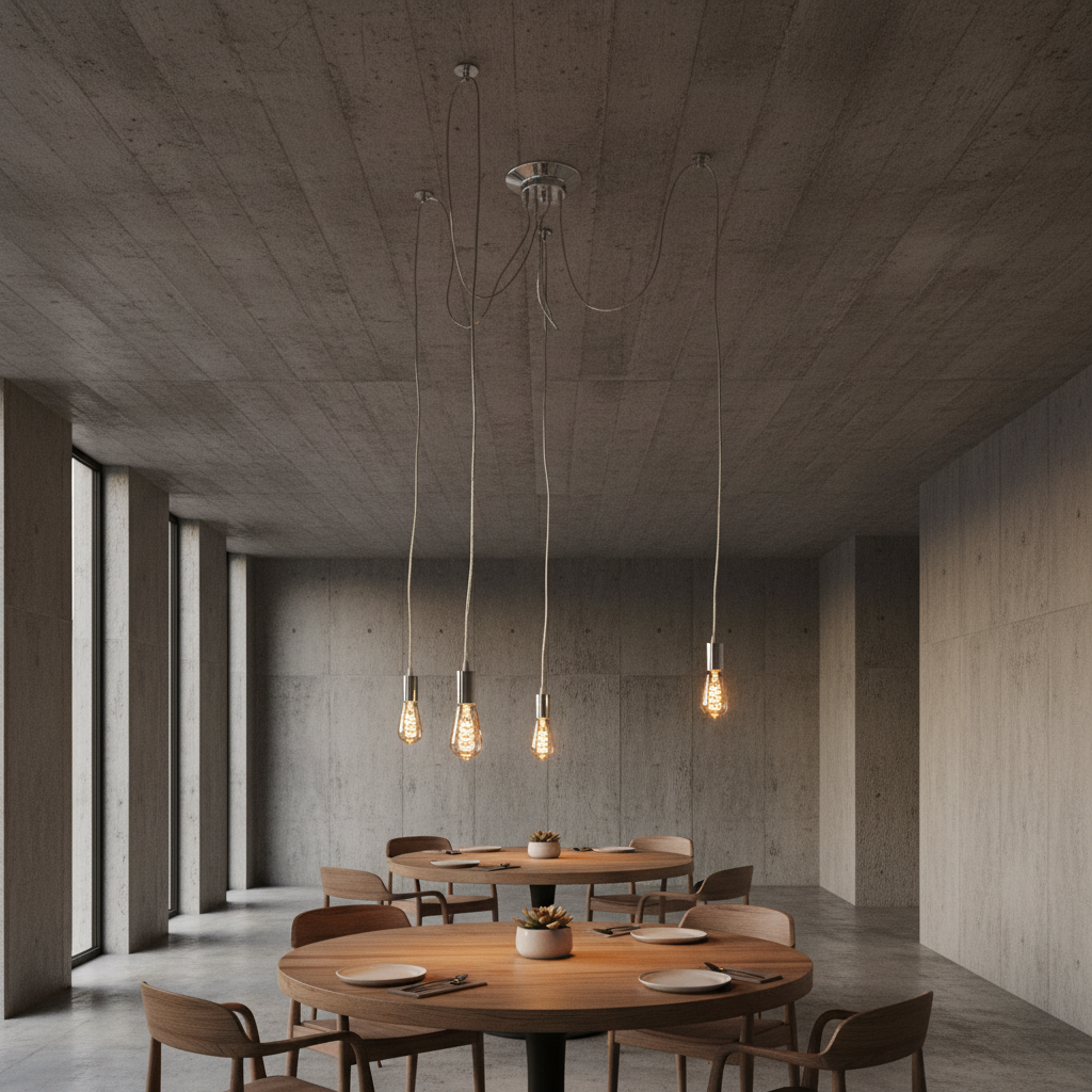 A modern multi-light pendant chandelier with four hanging Edison-style bulbs, suspended over a round wooden dining table in a minimalist concrete-walled dining room.