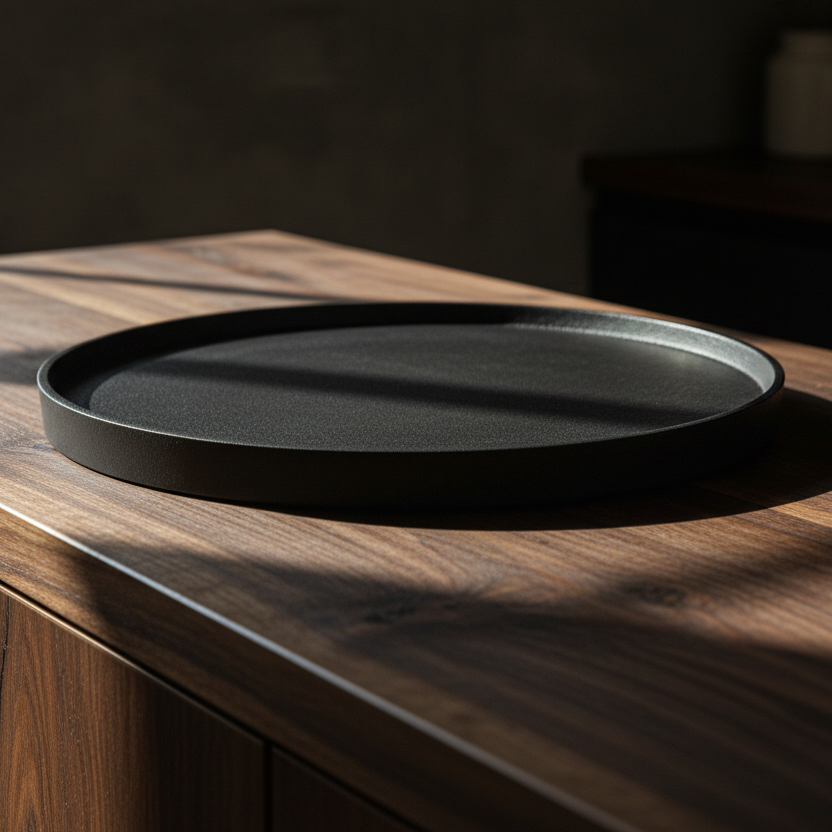 Black round tray on a wooden surface with a blurred background