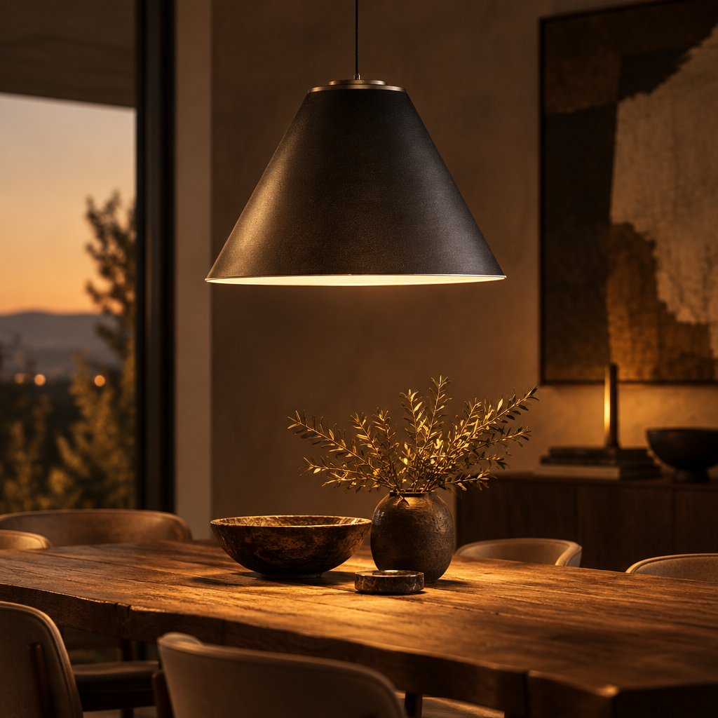 A black conical pendant lampshade with a warm white illuminated interior over a dining table