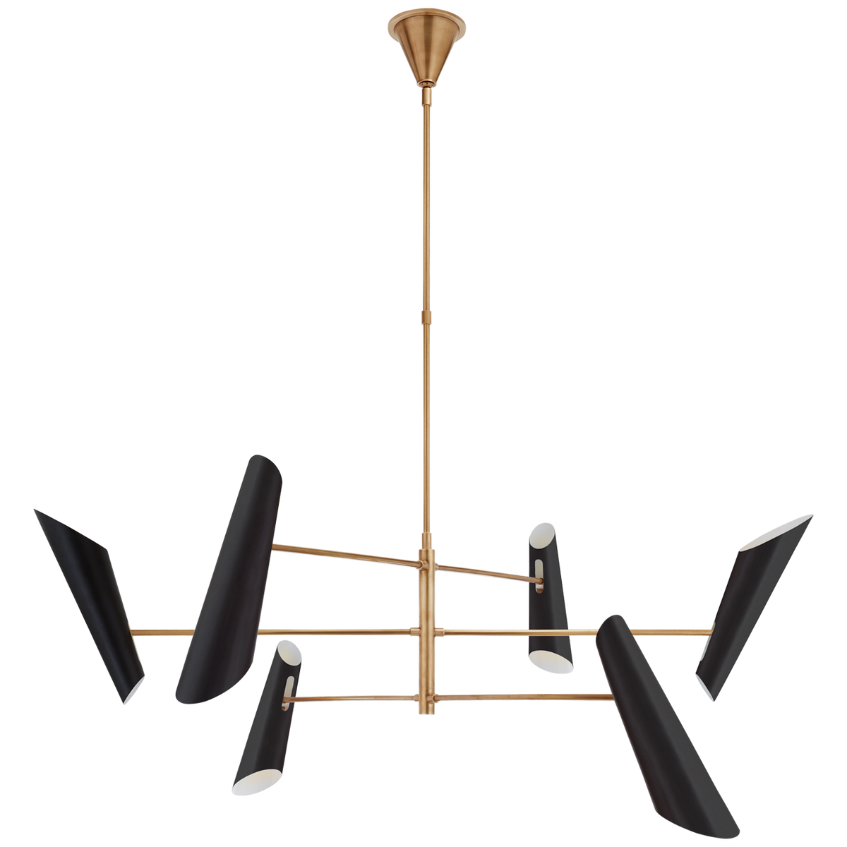Franca Large Pivoting Chandelier in Hand-Rubbed Antique Brass with Black Shades