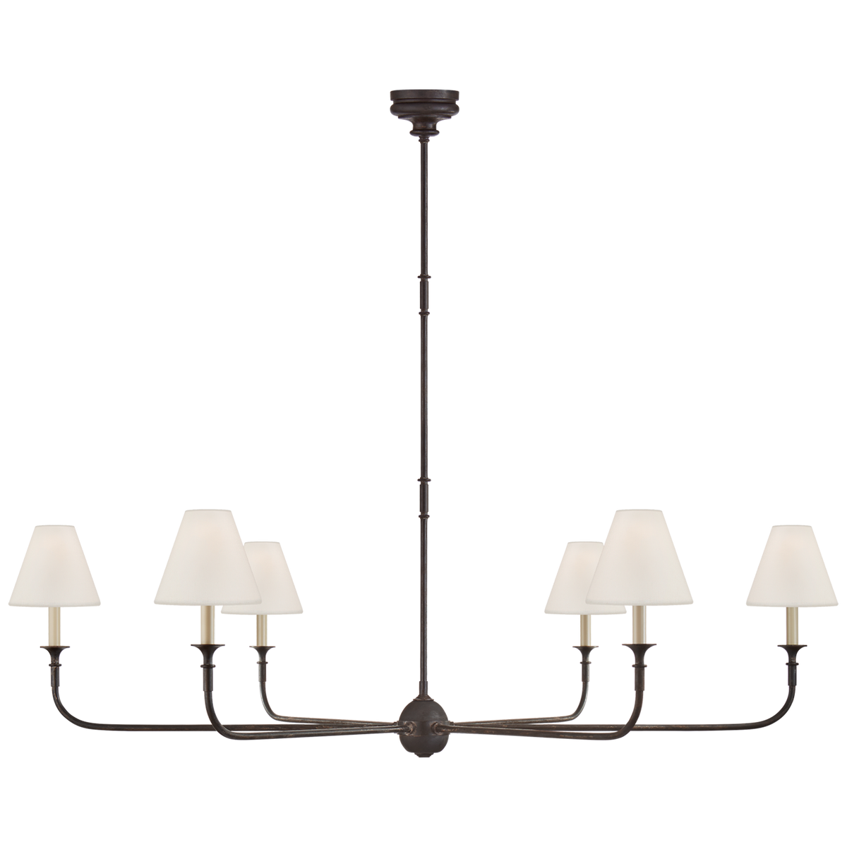 Piaf Grande Chandelier in Aged Iron and Ebonized Oak with Linen Shades