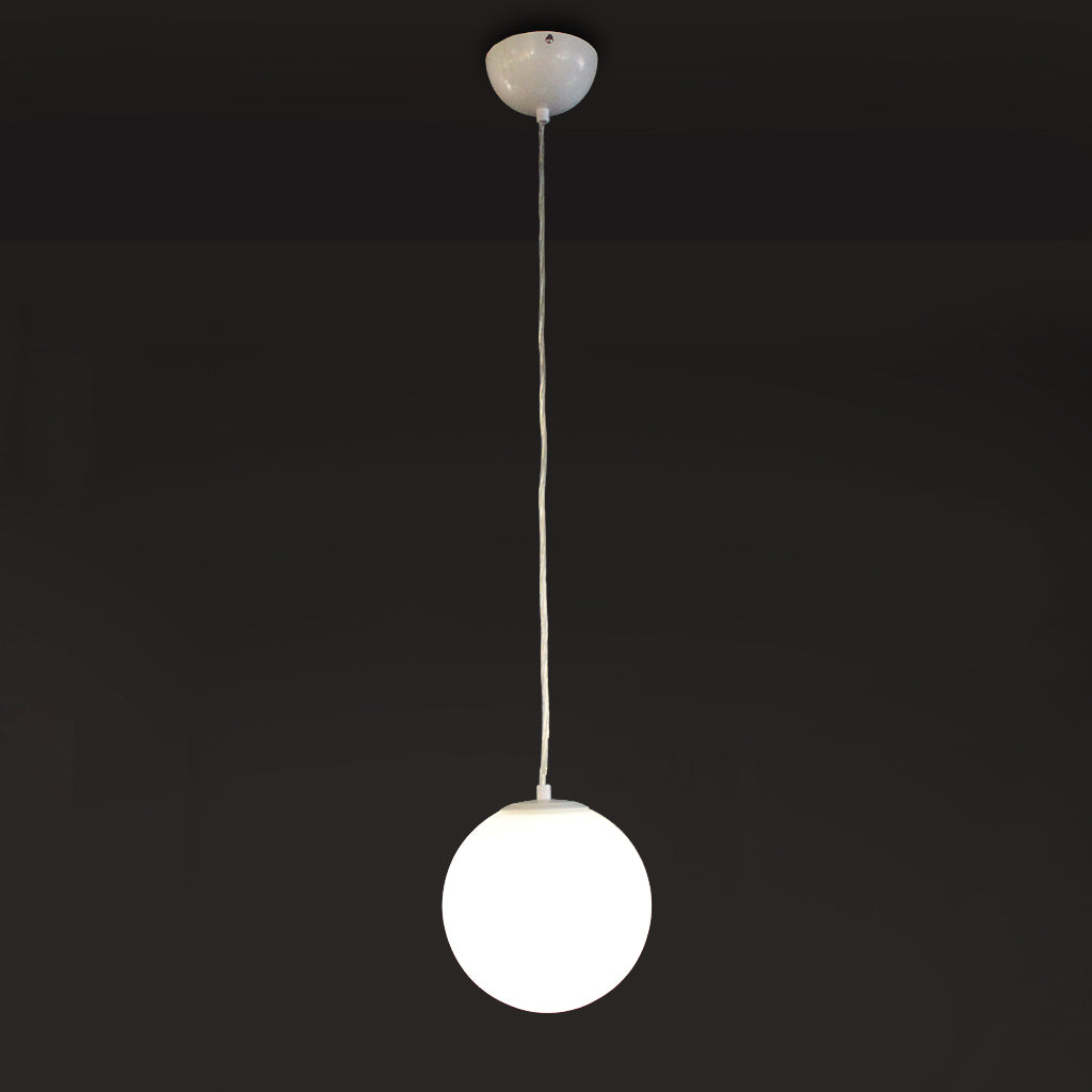 Round white glass globe pendant light against dark background