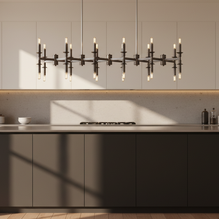 A modern kitchen interior with a large central island in matte black, matching wall cabinets in warm off-white, a dark metal candelabra-style pendant light, and natural sunlight casting shadows across the cabinetry and countertop.