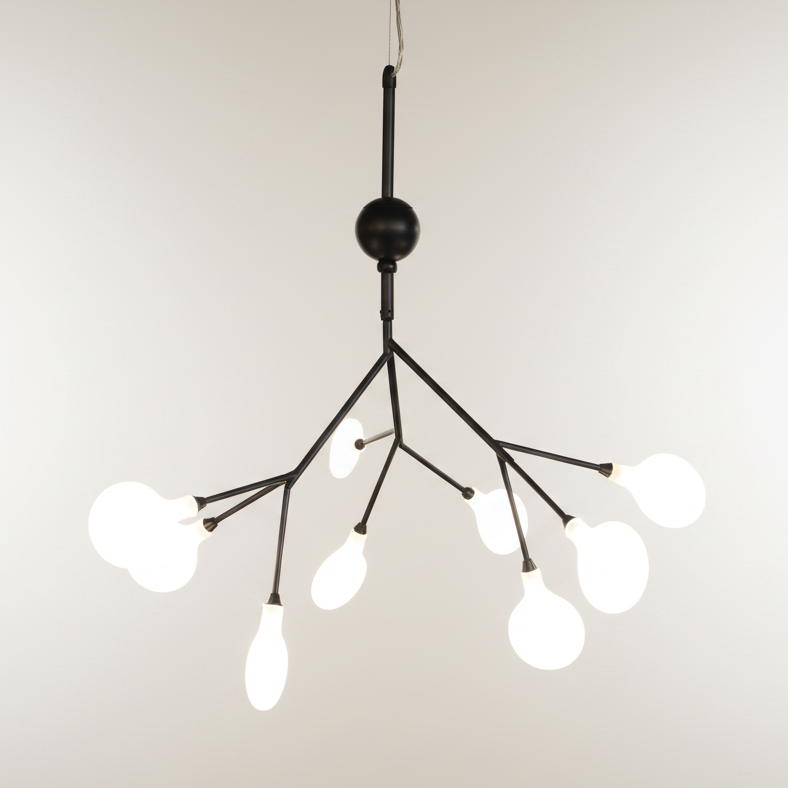Modern chandelier with multiple light bulbs on a plain background