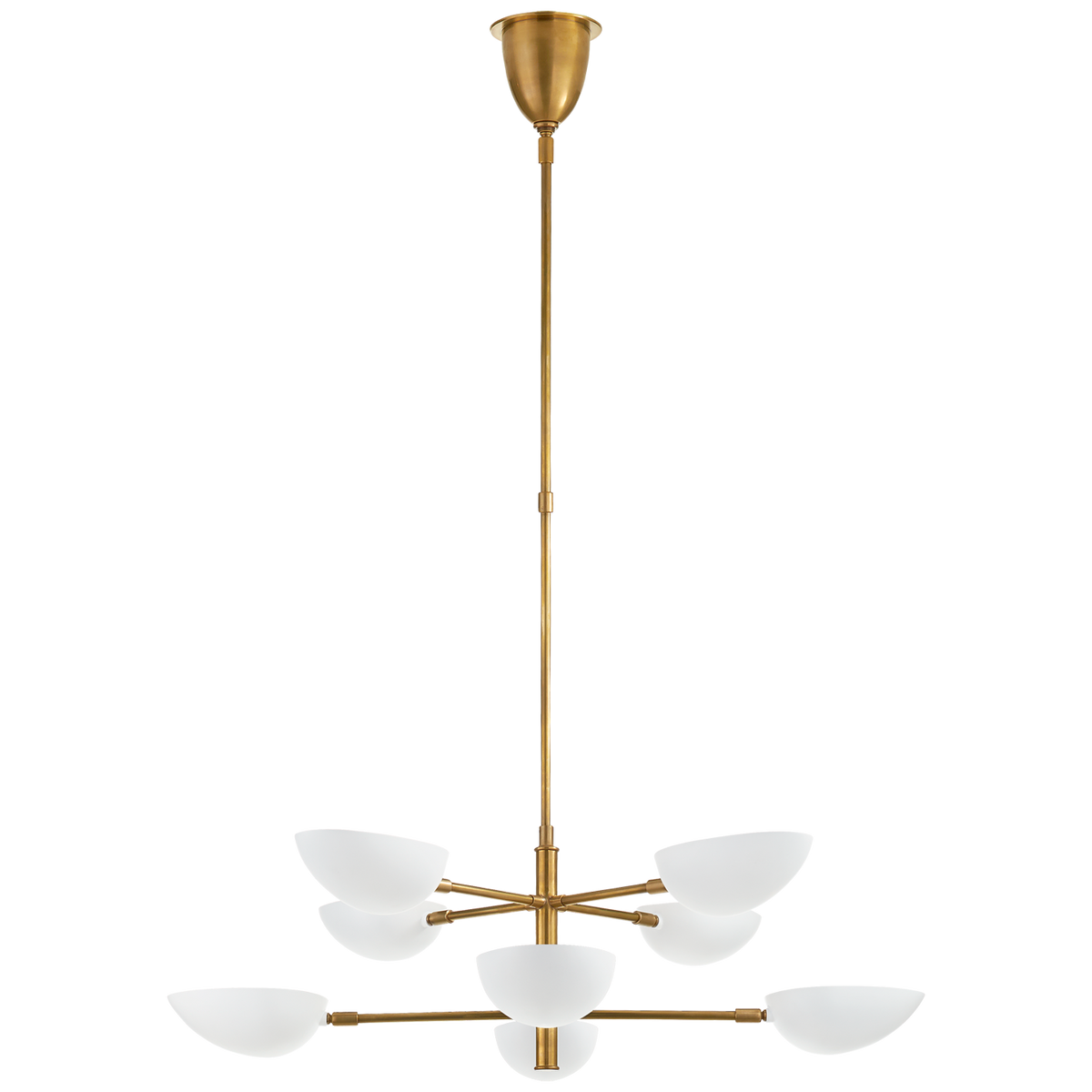 Graphic Large Two-Tier Chandelier in Hand-Rubbed Antique Brass with White Shades