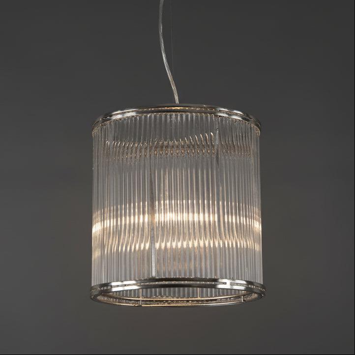 A cylindrical nickel framed pendant light with vertical clear glass rods.