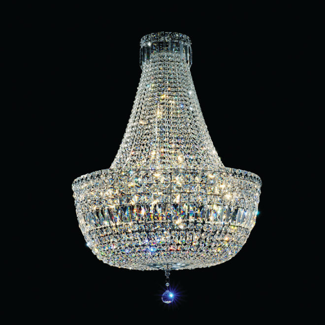 An elegant Empire-style basket chandelier with chrome frame and glittering crystal lengths, suspended from the ceiling.