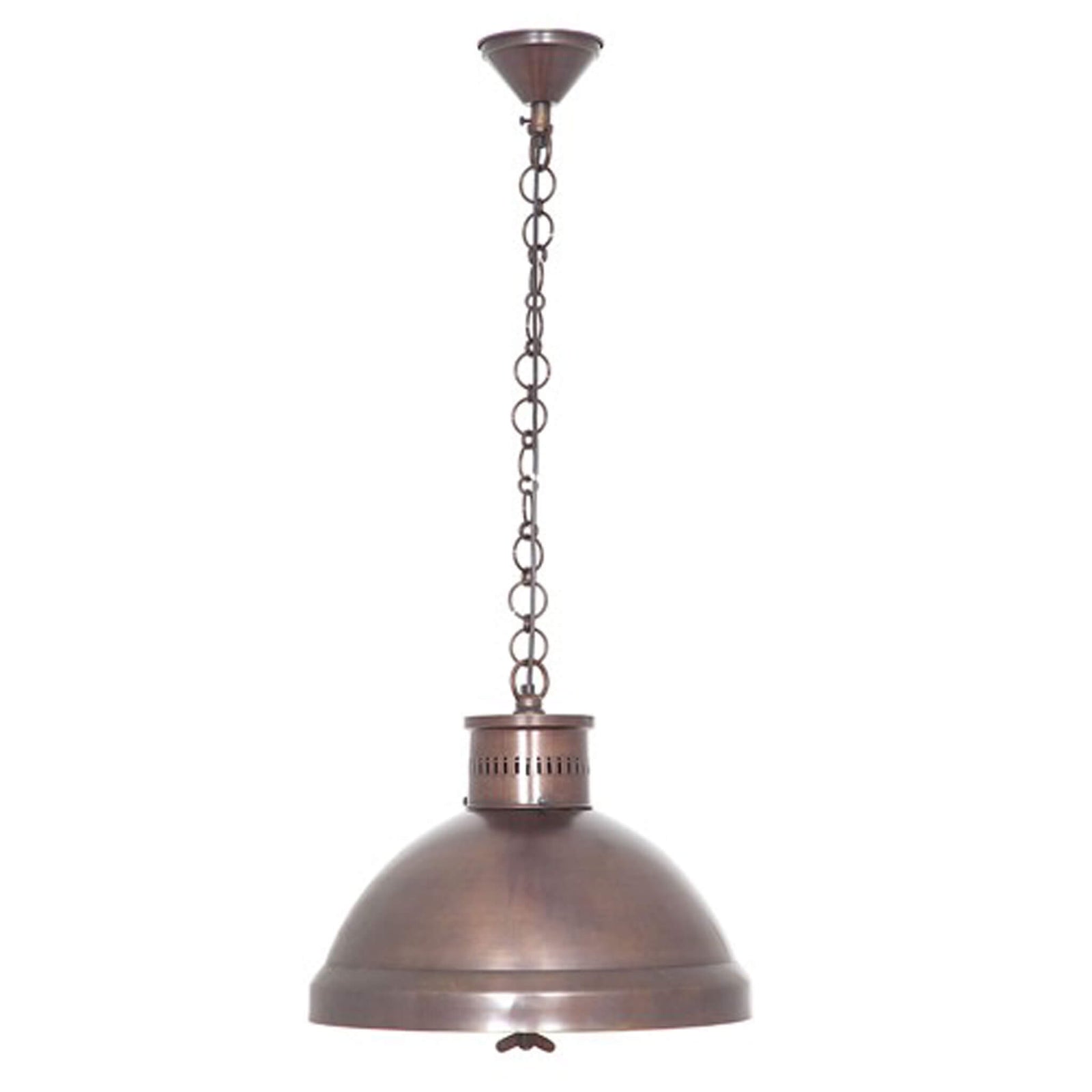 Vintage style brass pendant lights with a matte white interior hanging over a kitchen island with bar stools.